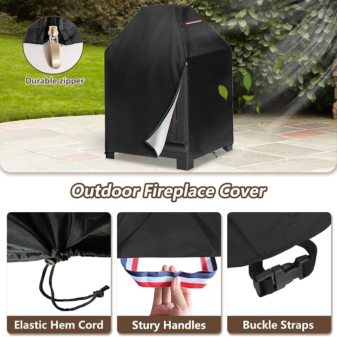 Outdoor Fireplace Cover,Heavy Duty 600D Square Chiminea Fireplace Cover,Pagoda Fire Pit Cover,25" L x 25" W x 39" H,Black.