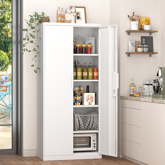 GREATMEET Metal Garage Storage Cabinets with Lock Door and Adjustable Shelves, 71'' x 32'' x 17'' White Steel Tool Cabinets for Home Office Warehouse