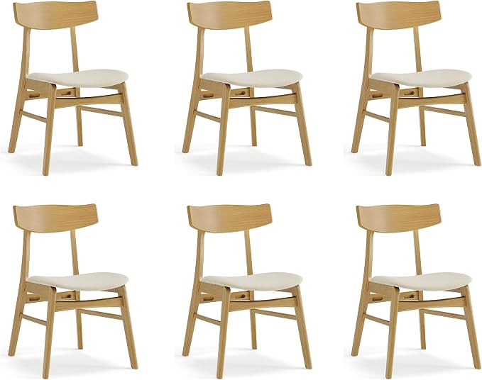 KISLOT Wooden Dining Chairs Set of 6, Upholstered Modern Dining Room Chairs, Mid Century Oak Kitchen Chairs with Curved Wood Backrest for Farmhouse, Restaurant, Café (Cream Fabric & Original Color)