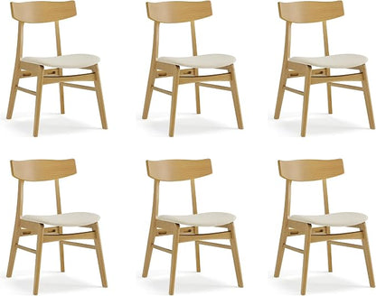 KISLOT Wooden Dining Chairs Set of 6, Upholstered Modern Dining Room Chairs, Mid Century Oak Kitchen Chairs with Curved Wood Backrest for Farmhouse, Restaurant, Café (Cream Fabric & Original Color)
