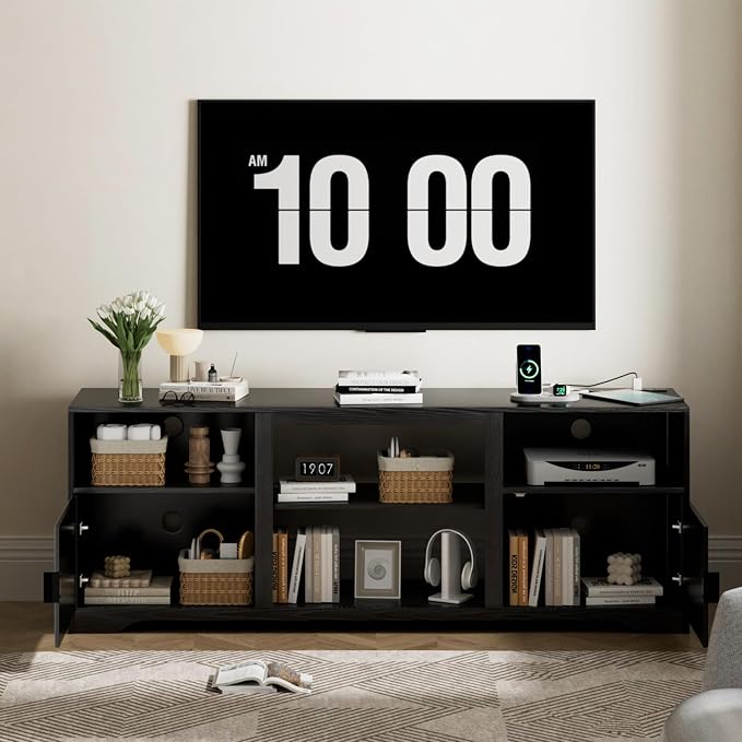 Fluted TV Stand for Tvs up to 80",Mid Century Modern TV Stand with Open Adjustable Shelf,Entertainment Center Wood TV Media Console with Cord Holes for Living Room Furniture Bedroom,Black