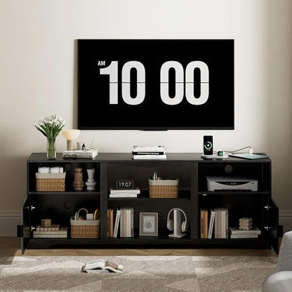 Fluted TV Stand for Tvs up to 80",Mid Century Modern TV Stand with Open Adjustable Shelf,Entertainment Center Wood TV Media Console with Cord Holes for Living Room Furniture Bedroom,Black