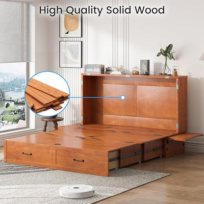 PUREMIND Queen Murphy Bed, Solid Wood Multi-Functional Cabinet Bed with Storage Drawer, USB Charging Ports and Folding Tray, Space Saving Hideaway Murphy Beds Cabinet for Guest Room, No Mattress