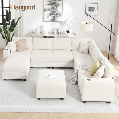127" Modular Sectional Sofa with Storage, Corduroy 8-Seater V-Shaped Sofa with Ottoman Chaise, Convertible L-Shaped U-Shaped Cloud Sectional Couches for Living Room, Apartment