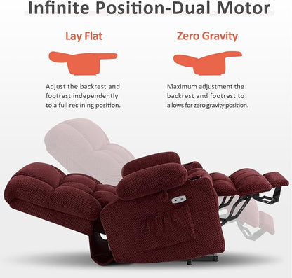 MCombo Large Dual Motor Power Lift Recliner Chair for Elderly, Zero Gravity Lift Chair with Heat and Massage, Infinite Position Lay Flat Recliner, USB Ports, Cup Holders, Fabric 7896 (Large, Burgundy)