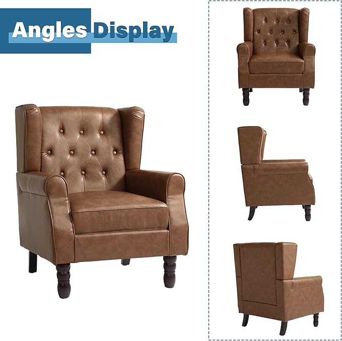 High Back Accent Chair, Faux Leather High Wingback Chair for Living Room, Button-Tufted Upholstered Armchair with Solid Wood Legs, Comfy Single Sofa Reading Chair for Bedroom, Brown