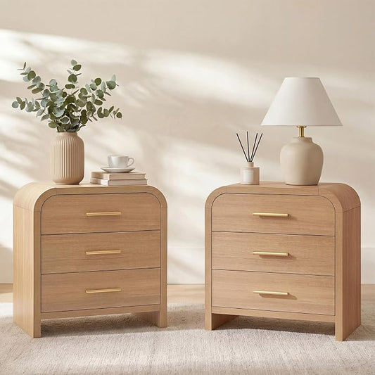 Night Stand Set of 2 [Unique Curved Profile] [FSC-Certified Wooden Board] 3-Drawer Nightstand 26.7" H Metal Handle Modern Sturdy Bedside Table Side Table End Table