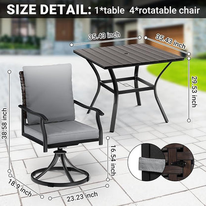 LEVELEVE 5 Piece Outdoor Patio Dining Set with 4 Swivel Dining Chairs & 1 Large Round Dining Table,Bistro Furniture Set for Lawn, Garden, Deck, Backyard and Porch