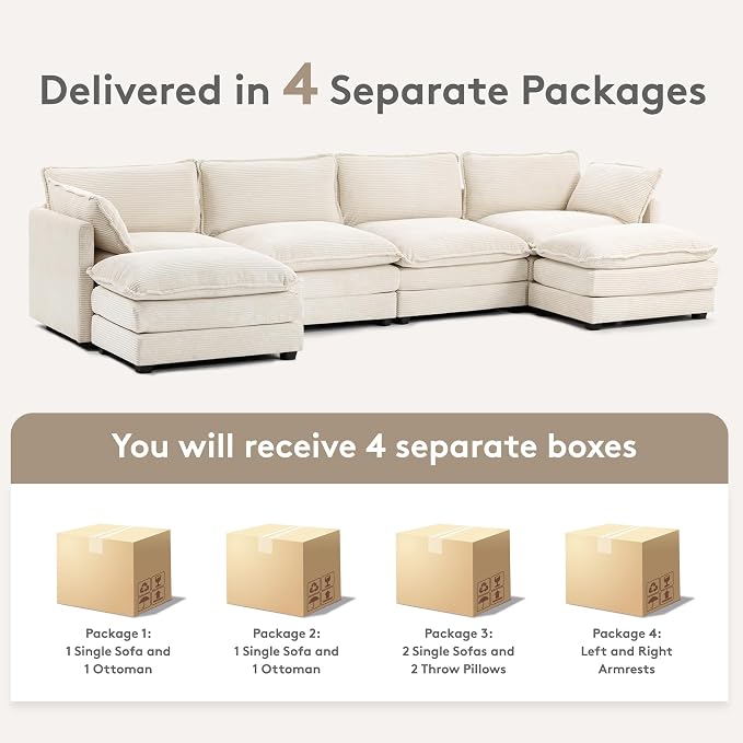 ROWHY 148'' Sectional Cloud Couch with 2 Ottomans, Oversized 4 Seat Sleeper Sofa with 2 Throw Pillows, Convertible Upholstered U Shaped Cozy Sofa Furniture Set for Living Room and Office, Beige