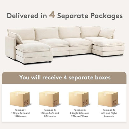 ROWHY 148'' Sectional Cloud Couch with 2 Ottomans, Oversized 4 Seat Sleeper Sofa with 2 Throw Pillows, Convertible Upholstered U Shaped Cozy Sofa Furniture Set for Living Room and Office, Beige