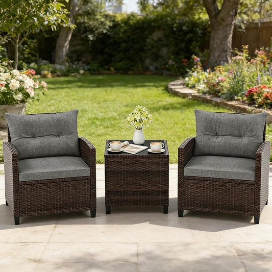 COSTWAY 3PCS Patio Furniture Set, PE Rattan Wicker Sofa w/Washable Cushion and Coffee Table, Tempered Glass Tabletop, Outdoor Conversation Set for Balcony, Porch, Yard, Backyard, Lawn (Grey)