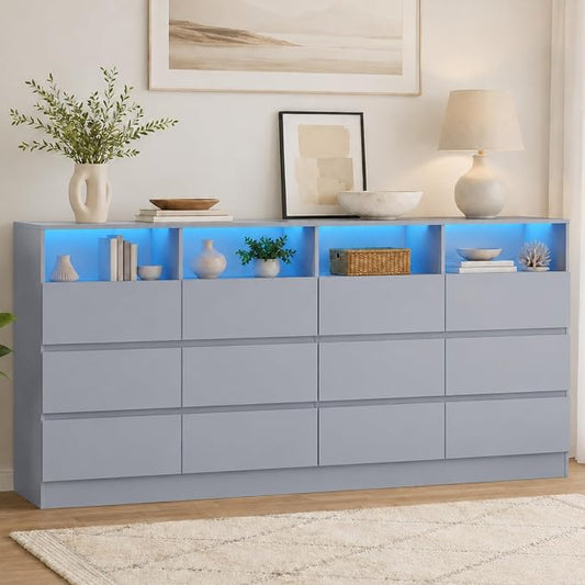 Gyfimoie 6-Drawer Dresser with Divided Compartments, Charging Station & LED Lights, 63" Wide TV Stand for TVs up to 75", Large Organizer with 4 Open Cubbies, Light Grey (Light Grey, 6 Drawers)