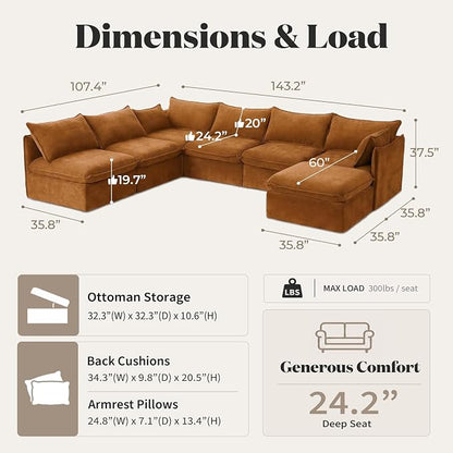 Cloud Modular Hosting Sectional, Oversized Deep Seat Comfort, Luxe Chenille | Fully Removable Washable Covers, Memory Foam Seat Cushions, Storage Ottoman, Premium Fabric