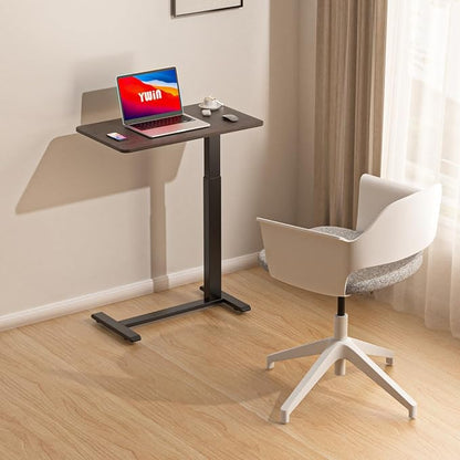 Ywin Medical Overbed Table with Wheels, Pneumatic Lift, Black Walnut | Rolling Bedside Table, Adjustable Height 27–43Inch, Mobile Portable Laptop Desk Perfect for Home Use, Patient Care, Office