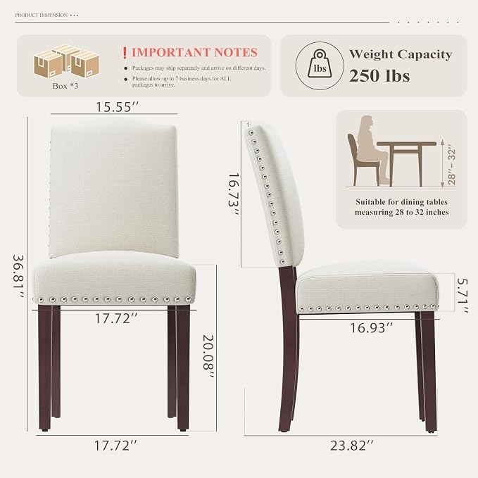Upholstered Parsons Dining Chairs Set of 6, Modern Dining Room Chairs with Back, Fabric Kitchen Side Chairs with Wood Legs, Nailhead Trim for Dinner Farmhouse Restaurant, Beige