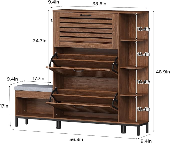 Maupvit Narrow Shoe Cabinet with Bench for Entryway, 3 Flip Louvered Doors & Side Storage Cabinet, 44" H Shoes Organizer with Upholstered Seat & Hooks for Front Door Entrance, Walnut