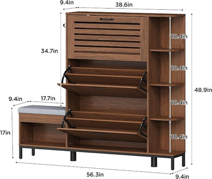 Maupvit Narrow Shoe Cabinet with Bench for Entryway, 3 Flip Louvered Doors & Side Storage Cabinet, 44" H Shoes Organizer with Upholstered Seat & Hooks for Front Door Entrance, Walnut