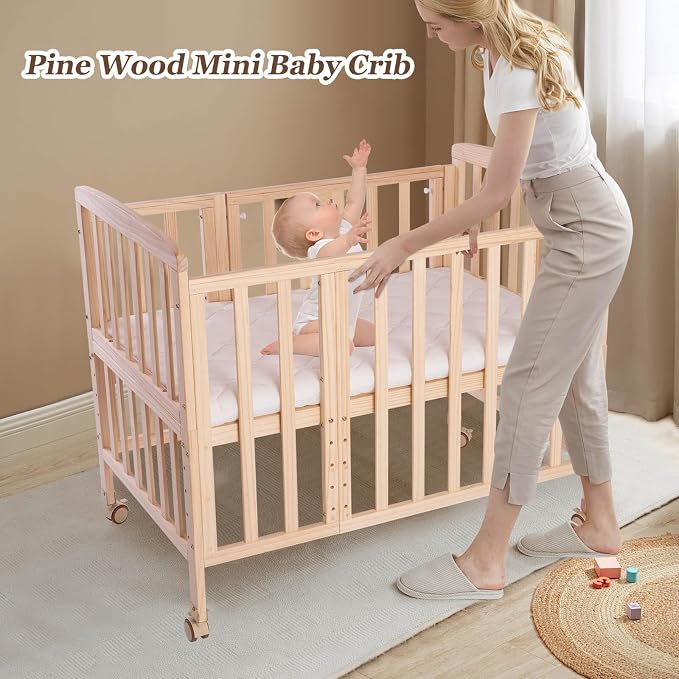 Flwrgirl Convertible Mini Baby Crib - Portable Bedside Bassinet with Mattress Included,5 Heights Baby Crib with Wheels for Newborns,Infant 0-18 Months,Unpainted