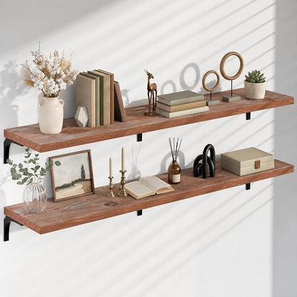 12 Inch Deep Floating Shelves Set of 2, 72 Inch Extra Wide Brown Solid Wood Wall Shelves, 6ft Heavy Duty Farmhouse Wall Mounted Shelving for Kitchen, Living Room & Bedroom