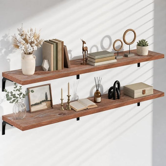12 Inch Deep Floating Shelves Set of 2, 72 Inch Extra Wide Brown Solid Wood Wall Shelves, 6ft Heavy Duty Farmhouse Wall Mounted Shelving for Kitchen, Living Room & Bedroom