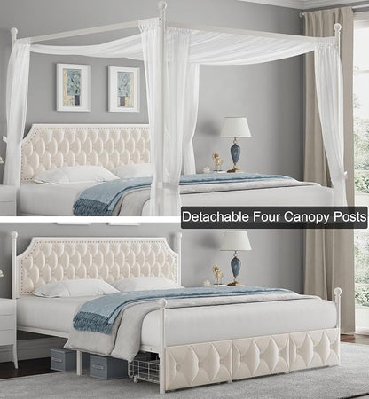 Keyluv King Upholstered Canopy Bed Frame with 3 Storage Drawers & Button Tufted Headboard, Metal Platform Bed with 4 Removable Posts, Two-Purpose Velvet Bed, Beige/Curtain Not Included