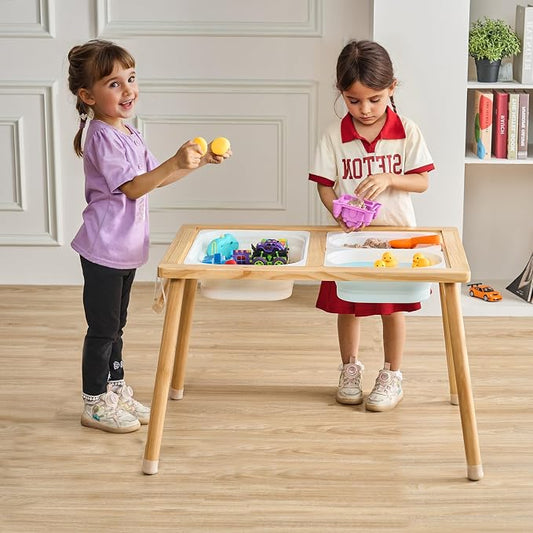 VEVOR Sensory Table for Toddlers, Activity with 3 Foldable Storage Bins, Paper Roll Holder, Indoor/Outdoor Play Sand and Water, Wooden Drawing Table, Gift for Boys Girls