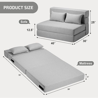 SUYOLS Folding Sofa Bed with Pillows- Convertible Chair Floor Couch & Sleeping Mattress, Foldable Memory Foam Sleeper for Living Room/Dorm/Guest Room/Home Office/Apartment/Loft, Twin, Light Gray