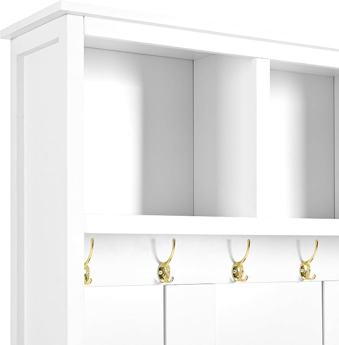 Merax Modern 4-in-1 Storage Hall Tree with Bench, Versatile Multiple Space with 6 Golden Hooks, 2 Drawers, Entryway Coat Rack for Living Room, Hallway, White