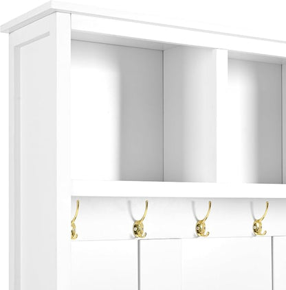 Merax Modern 4-in-1 Storage Hall Tree with Bench, Versatile Multiple Space with 6 Golden Hooks, 2 Drawers, Entryway Coat Rack for Living Room, Hallway, White