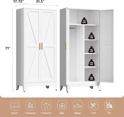 LCAOPC 71" Tall Metal Wardrobe Closet with Adjustable Shelves and Hanging Rod, 2 Doors Office Storage Locker Cabinet for Home, Office, Bedroom, Laundry Room, White