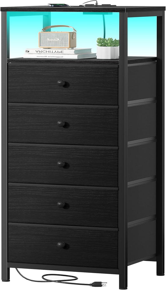 BOLUO Black Dresser with 5 Drawers Tall Nightstand with Charging Station and LED Light, Bedside Table Room Storage Drawers Closet