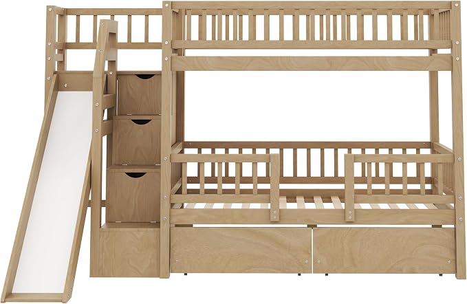 Twin Over Twin Bunk Bed with Storage Staircase, Slide and 2 Drawers,for Kids Teens Adults (Walnut#Slide, Twin Over Twin)