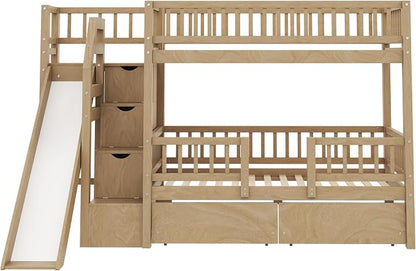 Twin Over Twin Bunk Bed with Storage Staircase, Slide and 2 Drawers,for Kids Teens Adults (Walnut#Slide, Twin Over Twin)