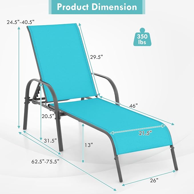 Giantex 2 Pack Patio Lounge Chair, Outdoor Chaise Lounge with 5 Adjustable Backrest, Sturdy Steel Frame, Sunbathing Recliner, Tanning Chair for Beach, Outside, Yard, Balcony, Pool Chairs (2,Turquoise)