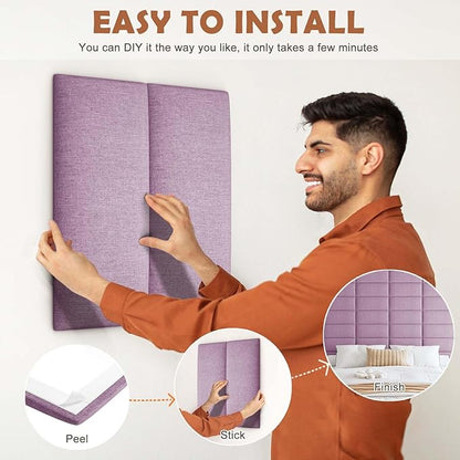 IFNOW Upholstered Wall Mounted Headboard, 3D Soundproof Wall Panels Peel and Stick for Queen Size, Reusable and Removable Tufted Bed Headboard in Violet (9 Panels, 10" x 24")