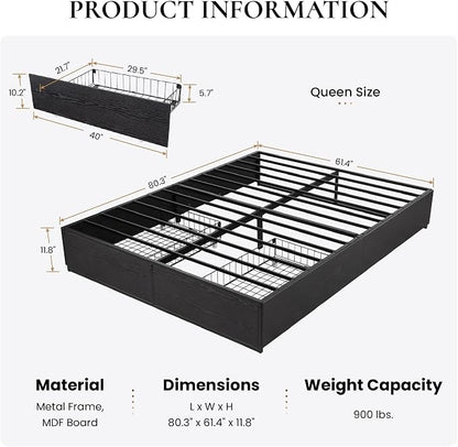 SHA CERLIN Queen Platform Bed Frame with 2 Large Storage Drawers - Heavy Duty Metal & Rustic Wood, Noise-Free, No Box Spring Needed, Black
