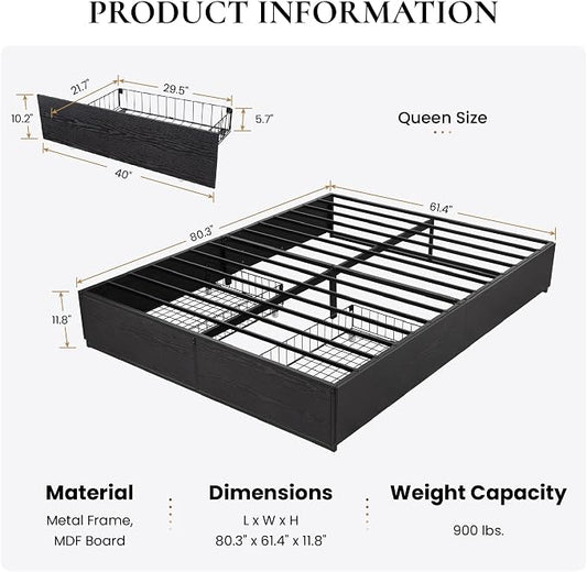SHA CERLIN Queen Platform Bed Frame with 2 Large Storage Drawers - Heavy Duty Metal & Rustic Wood, Noise-Free, No Box Spring Needed, Black