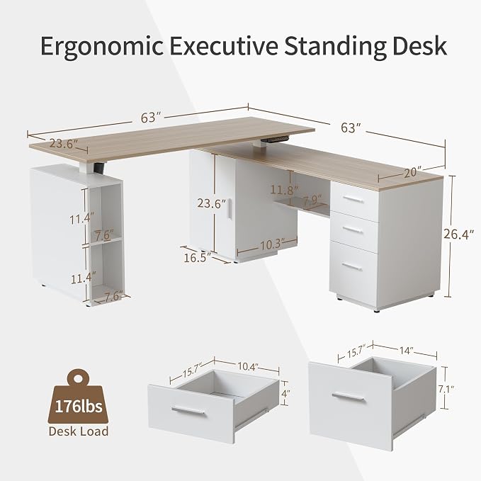 FEZIBO L-Shaped Standing Desk with Drawers and Shelves, Electric Standing Desk Adjustable Height, Executive Computer Desk 63 inch Light Walnut