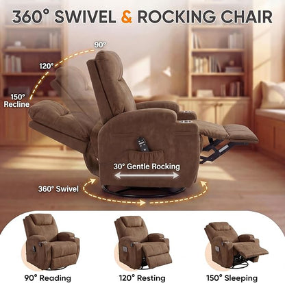 JUMMICO Small Swivel Rocker Recliner, 360 Rocking Chair Recliner with Massage, Upholstered Fabric Rocker Recliner with Cup Holder for Living Room, Bedroom, Nursery (Brown)