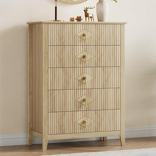 GarveeHome Fluted Dresser for Bedroom, 42.9" Tall 5-Drawer Wood Dresser, Modern Chest of Drawers, Storage Organizer Cabinet for Living Room, Hallway, Entryway, Natural Oak