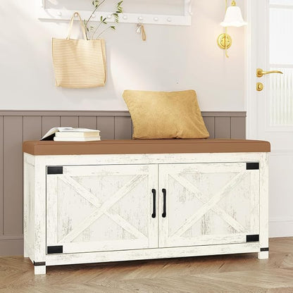 Hzuaneri Shoe Storage Bench, 2 Tier Shoe Bench with Padded Seat Cushion & 2 Barn Doors, Entryway Bench with Adjustable Shelf, Farmhouse Shoe Cabinet for Living Room, Bedroom, Antique White SB26614KA