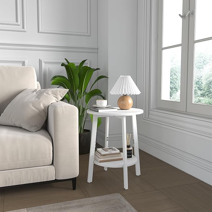 sthmec Side Table Set of 2, Small Round End Table with Storage Shelf for Small Space, 2-Tier Bedside Table Sofa Couch Table, Round Nightstands Set 2 Accent Table for Living Room, Bedroom, White
