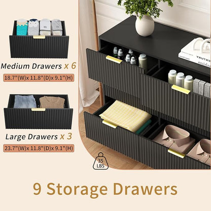 9 Drawer Dresser and Nightstand Sets for Bedroom, 3 Pcs Bedroom Set，Night Stand Set of 2 & 9 Drawer Dresser with Gold Handles, Modern Wood Chest of Drawers Storage Cabinet Set, Black