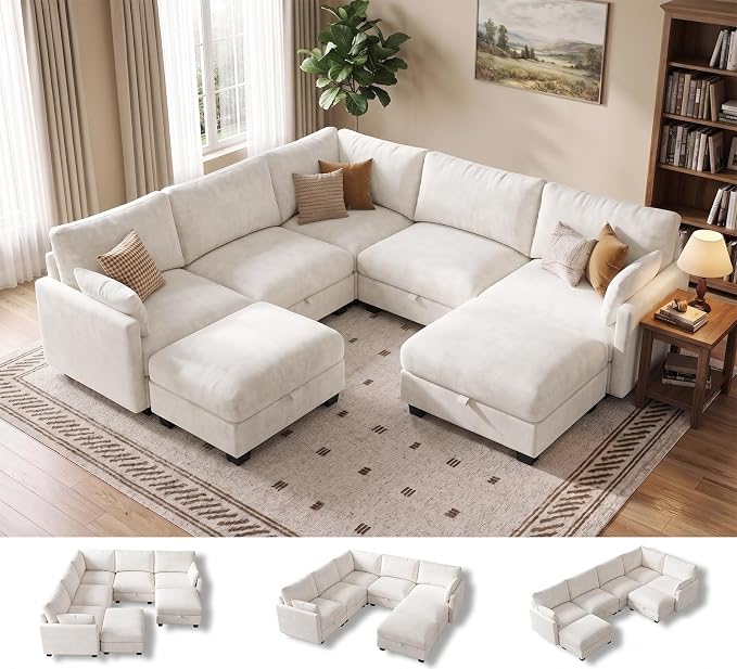 Modular Sectional V Shaped Sofa Couches for Living Room, Cloud Couch with Storage Ottoman, Comfy Chenille Sofa with Pillow, Beige
