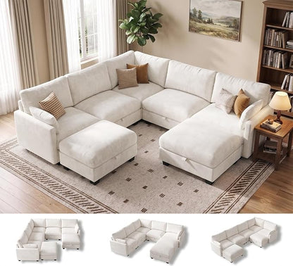 Modular Sectional V Shaped Sofa Couches for Living Room, Cloud Couch with Storage Ottoman, Comfy Chenille Sofa with Pillow, Beige