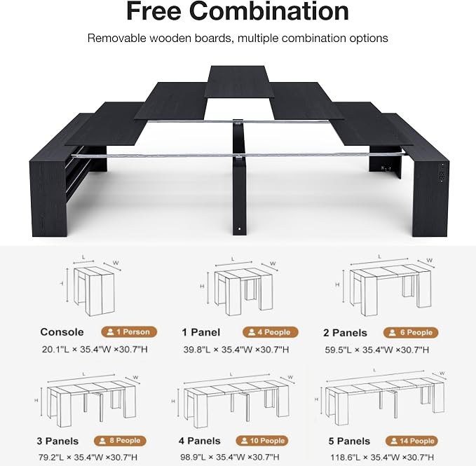 Kikihouse 19.6"-118.1" Modern Extendable Dining Table with Outlet, 2 to 12 People Space Saving Expanding Table with Storage for Party, Weddings, Meetings, Celebrations (Black)