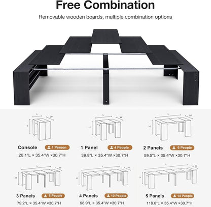 Kikihouse 19.6"-118.1" Modern Extendable Dining Table with Outlet, 2 to 12 People Space Saving Expanding Table with Storage for Party, Weddings, Meetings, Celebrations (Black)