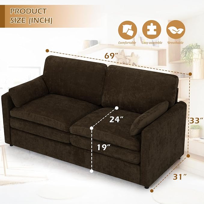 69” Chenille Loveseat Sofa w/Arm Pillows, Upholstered 2-Seater Sofa w/Comfortable Back Cushions, Modern 2 Seats Couch w/High-Density Foam for Living Room, Apartment, Office, Brown