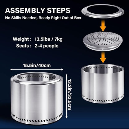 HGD 15" Smokeless Fire Pit Outdoor, Stainless Steel Wood Burning Firepit with Secondary Combustion, Backyard Patio Stove for Garden, BBQ & Bonfire