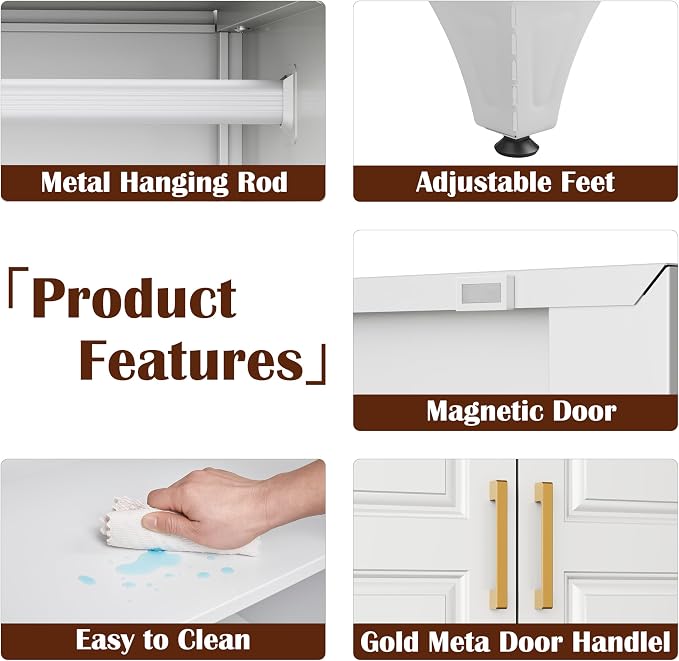 SteeLoong 71" Metal Armoire Wardrobe Closet with Drawer，Tall Clothing Storage Cabinet with Adjustable Shelves and Hanging Rod,White Wardrobe Closet for Bedroom,Home,Office,Gym